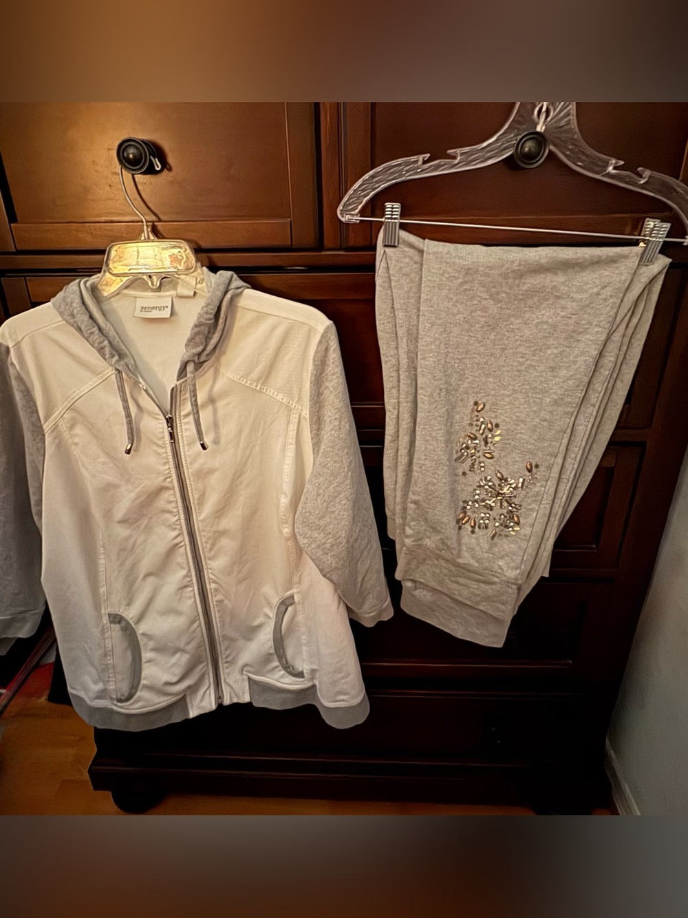 Chico's Zip Hoodie Jacket with 3/4 sleeves with Gray Embellished Joggers